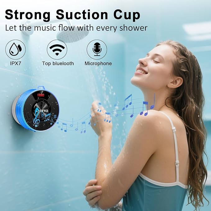 Certified IPX7 Waterproof Shower Bluetooth Speaker, Portable Shower Speaker Loud Clear Sound with Suction Cup, Wireless for Bathroom, Hook Clip, Built-in Mic, 10H Playtime, Great Gift Idea