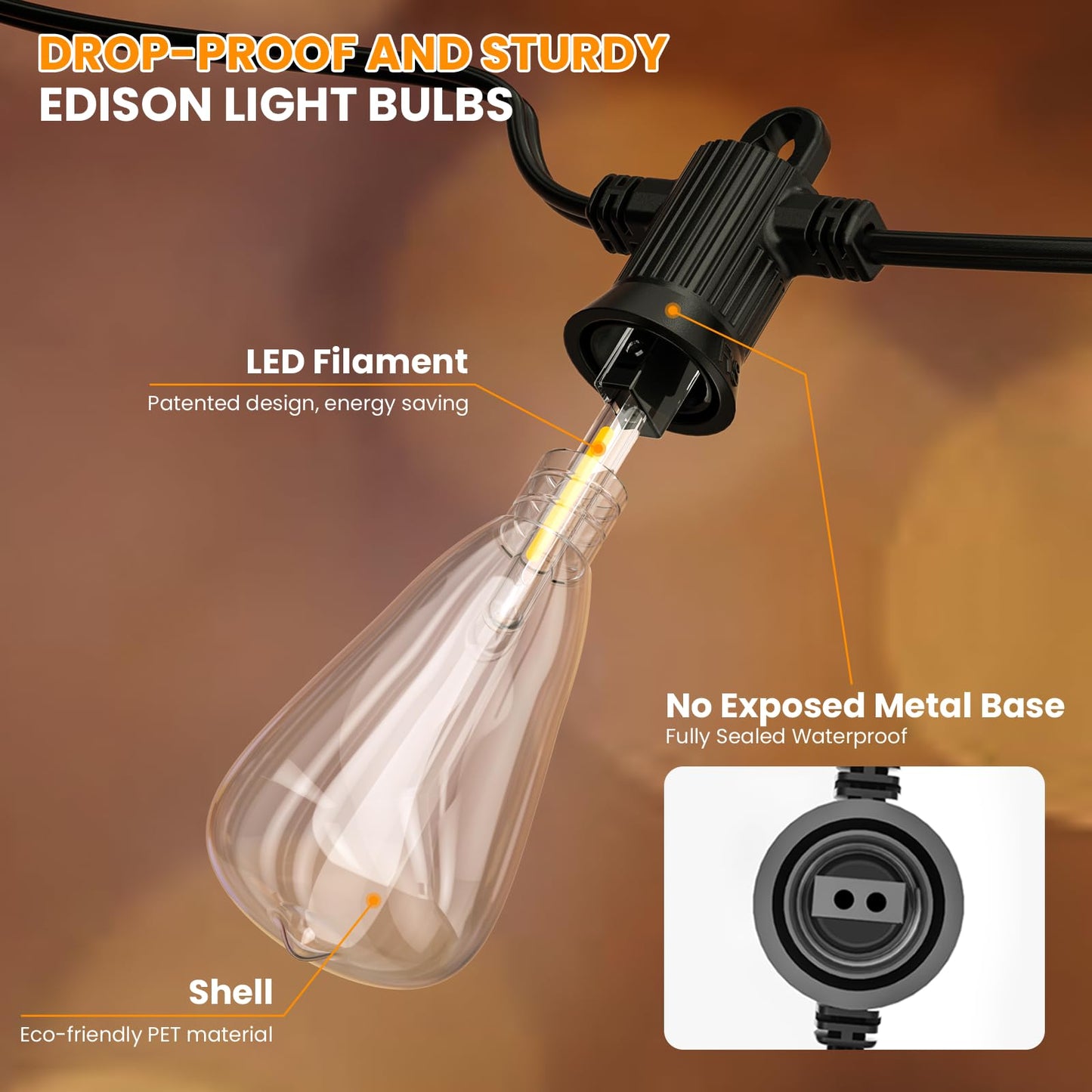 Kawaya Outdoor String Lights - 100FT Tunable White IP64 Waterproof Hanging Lights, Black, Model YAST38-100FT-50US