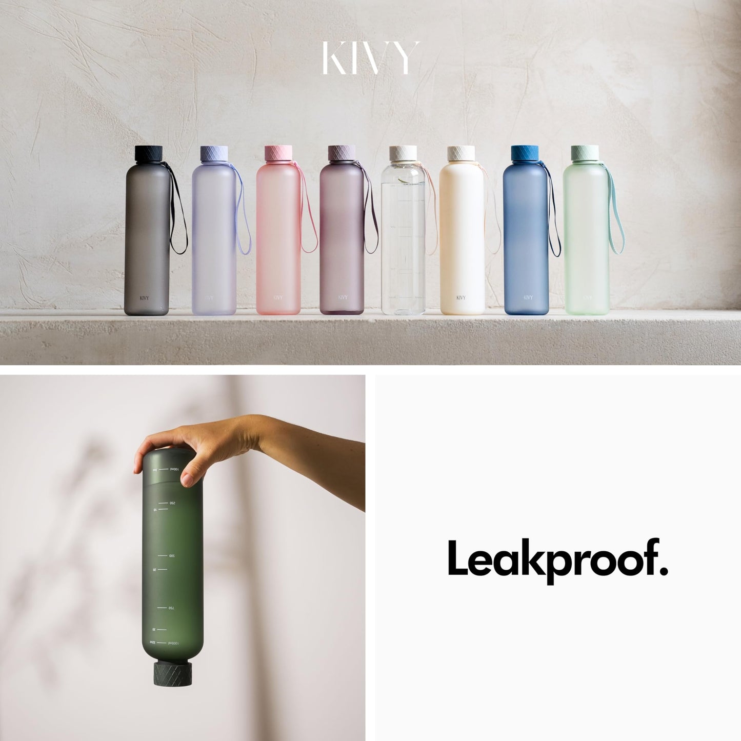 KIVY Large Water Bottle 50oz [Lightweight & Shatterproof] Fits Backpack & Cupholder for Travel, Sports, School - Black water bottle no straw - 1.5 Liter water bottles - 50oz Water bottle