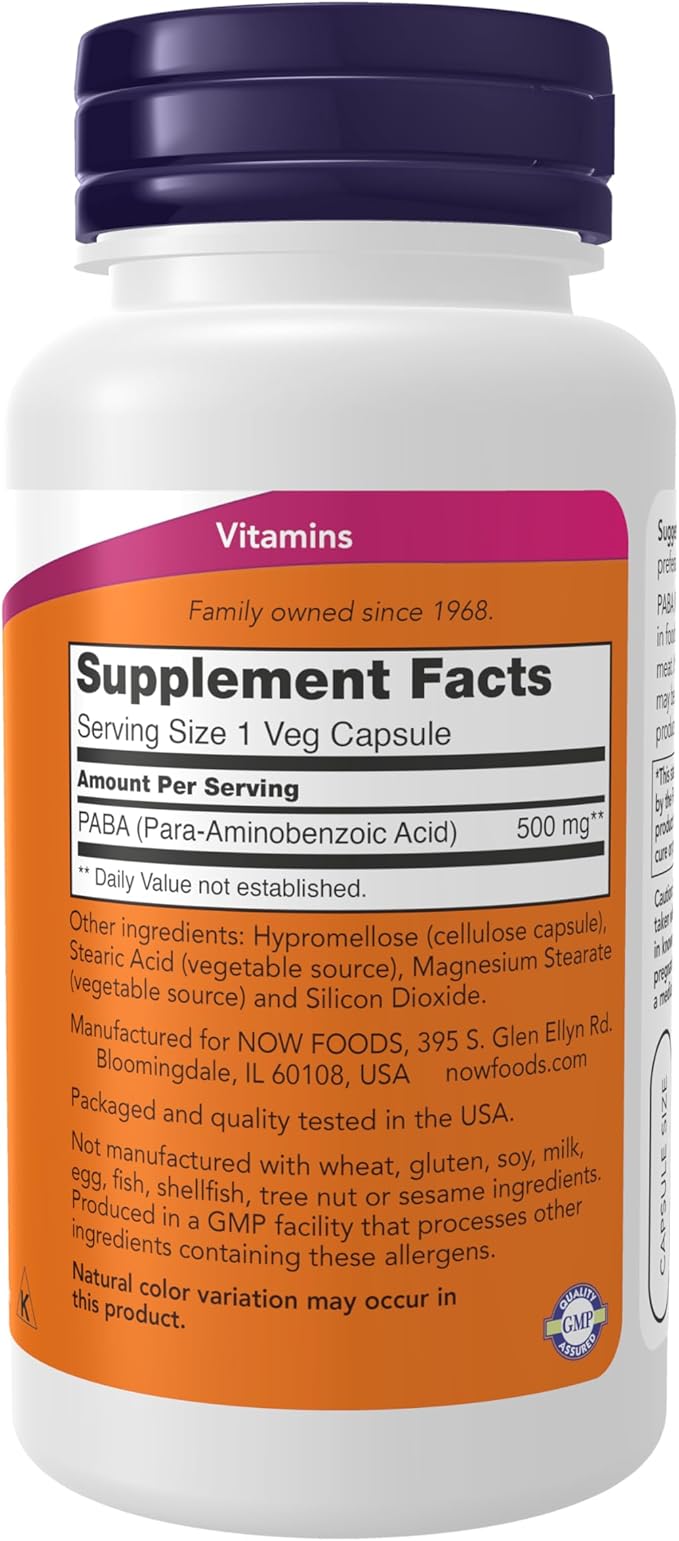 NOW Foods Supplements, PABA (Para-Aminobenzoic Acid) 500 mg, B-Complex Family, 100 Capsules