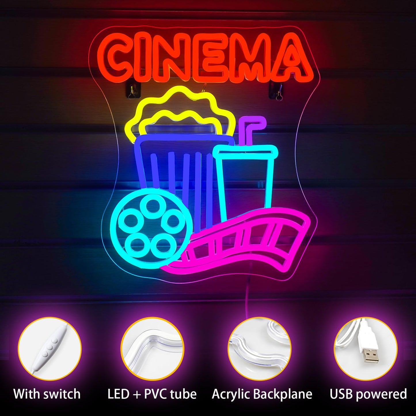 Looklight Cinema Popcorn Paper Box LED Neon Sign, Dimmable USB Light, 16x12 inches, Plastic, Cinema Color