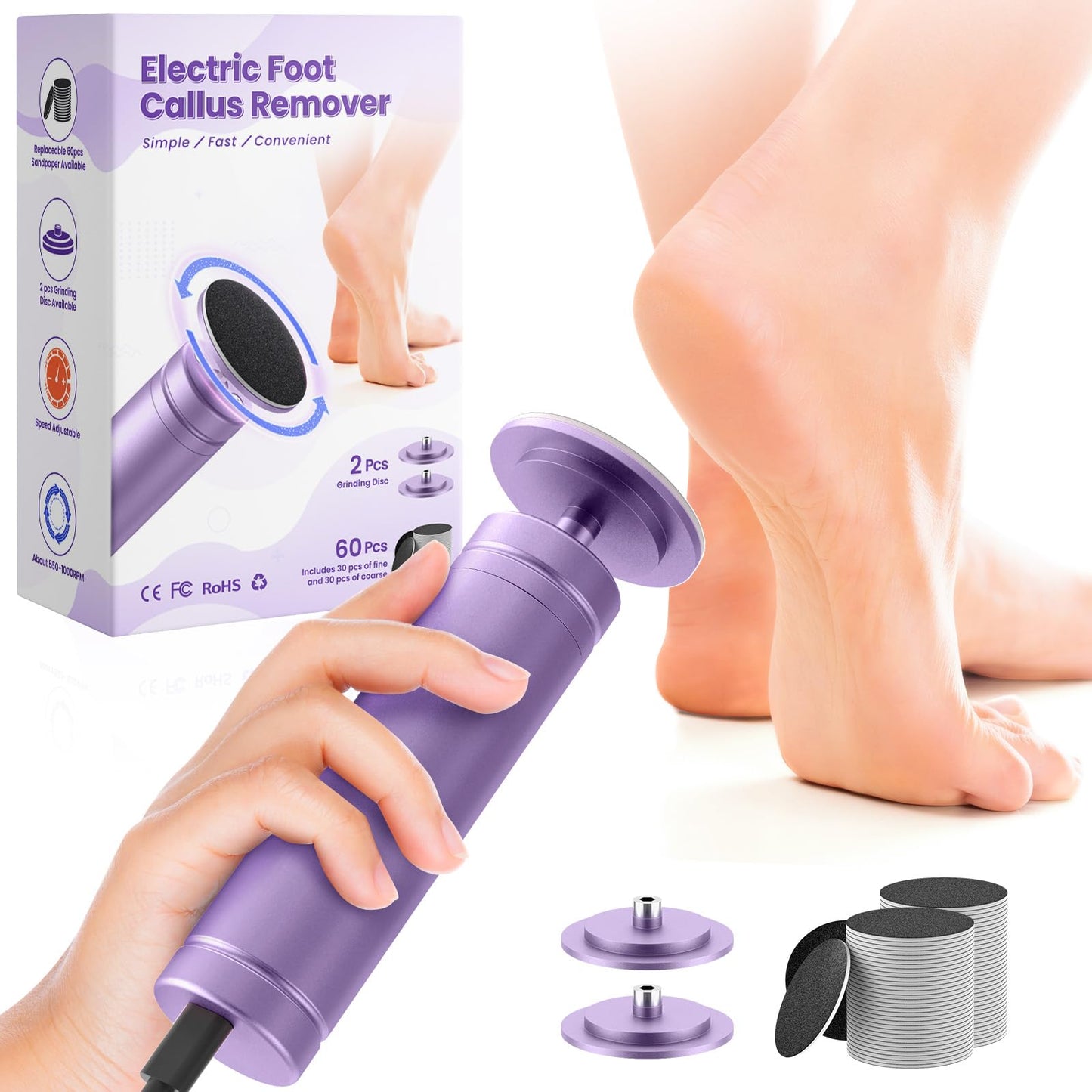 StepLively Electric Foot Callus Remover, 4.7    Callus Remover for Feet with 60Pcs Sandpaper Discs, Foot Scrubber, Professional