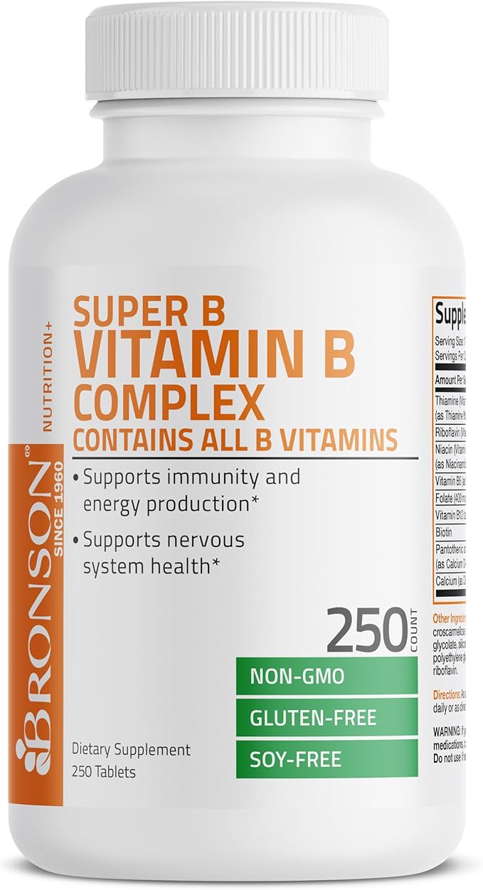 Bronson Vitamin B Complex (Vitamin B1, B2, B3, B6, B9 - Folic Acid, B12), 250 Tablets