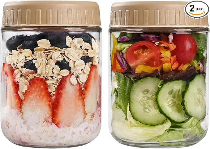 Overnight Oats Containers with Lids, 16oz Glass Jars with Lids 2 pcs, Taffy, Wide Mouth Mason jars for Salad, Yogurt, Snacks, Meal Prep