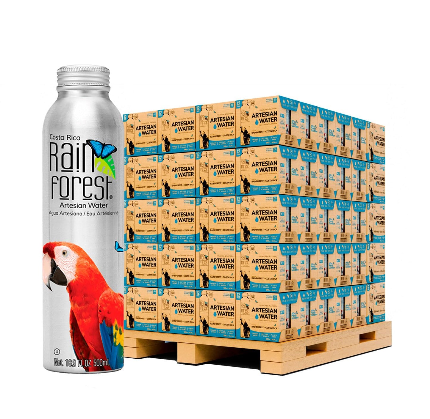 Rainforest Artesian Water  500mL Aluminum Bottles  Costa Rica enhanced Spring Water  Pallet of 88 Boxes - 1 056 Reusable Aluminum Bottles (500 ml / 16.9 oz Each) | Eco-Friendly & Sustainable Packaging