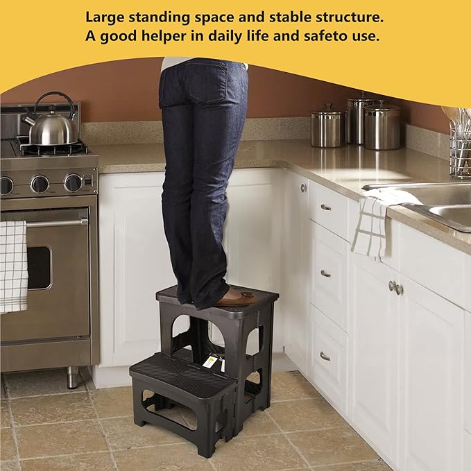 Amoise Folding 2-Step Stool, Non-Slip Portable Footstool 8'' & 17'' Dual Heights, Holds 300 lbs, Portable Footstool for Kitchen Home Toilet Bedroom Office Bathroom RV(Black)