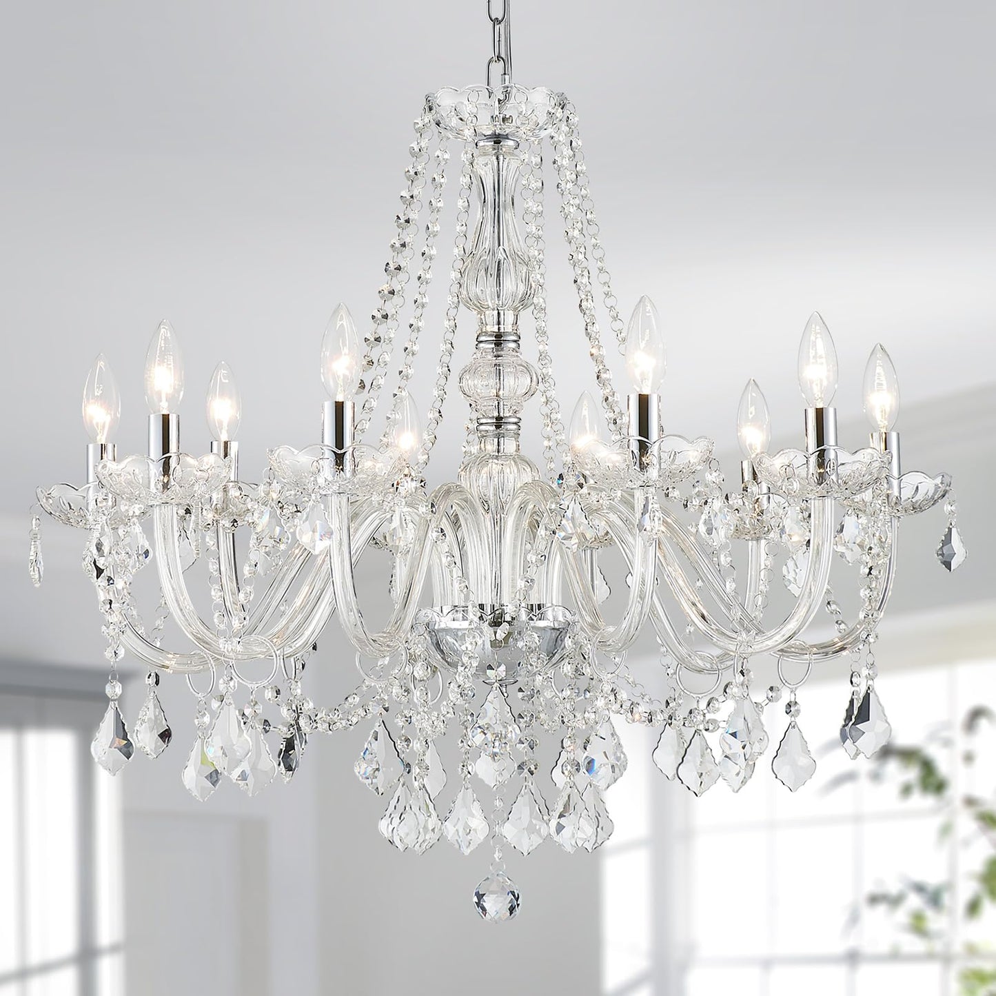 ANJIADENGSHI Large Crystal Chandelier, 10-Lights, Chrome, 30.3in H x 26.8in W, Model CL-3141CH-10,