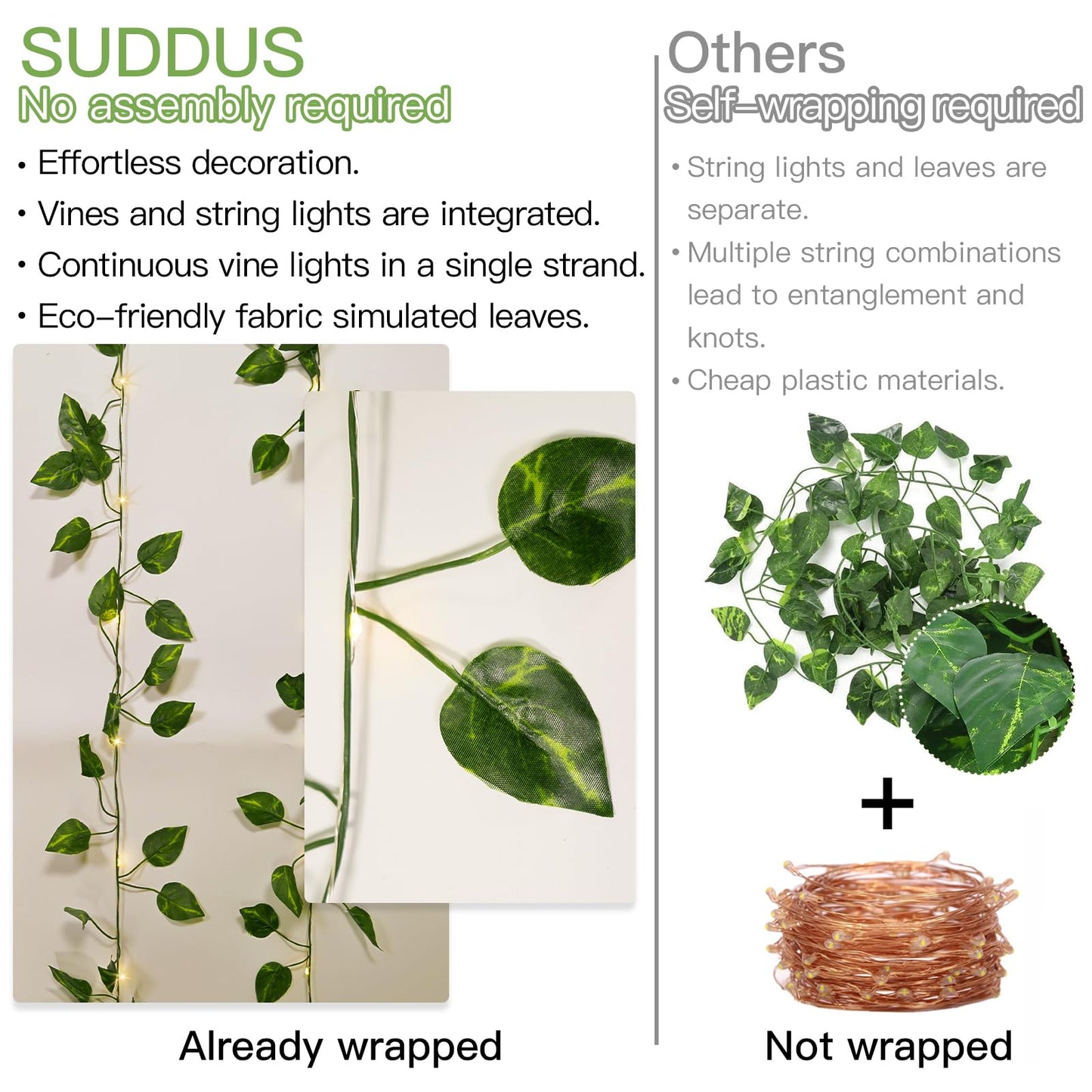 suddus Solar Fairy Lights, 100 LED Pothos Leaf String Lights, 33ft, 8 Modes, Waterproof for Outdoor Use, Warm White