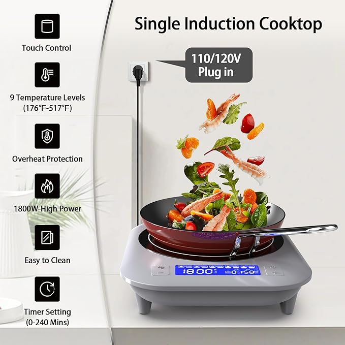 VBGK Induction Cooktop, 1800W Single Burner Induction Burner,Hot Plate with 5 Cooking Modes,Stove Top with 9 Temperature Levels, 4H Timer