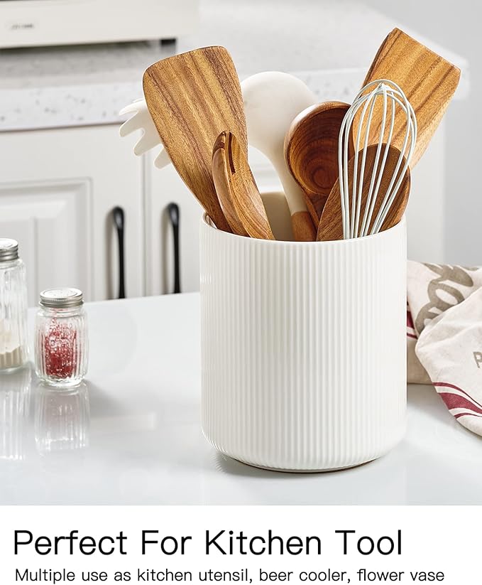 getstar Extra Large Kitchen Utensil Holder for Kitchen Counter (H7.2” x W6.2”), Ceramic Cooking Utensil Holder with Cork Mat (White, Large(7.2"))