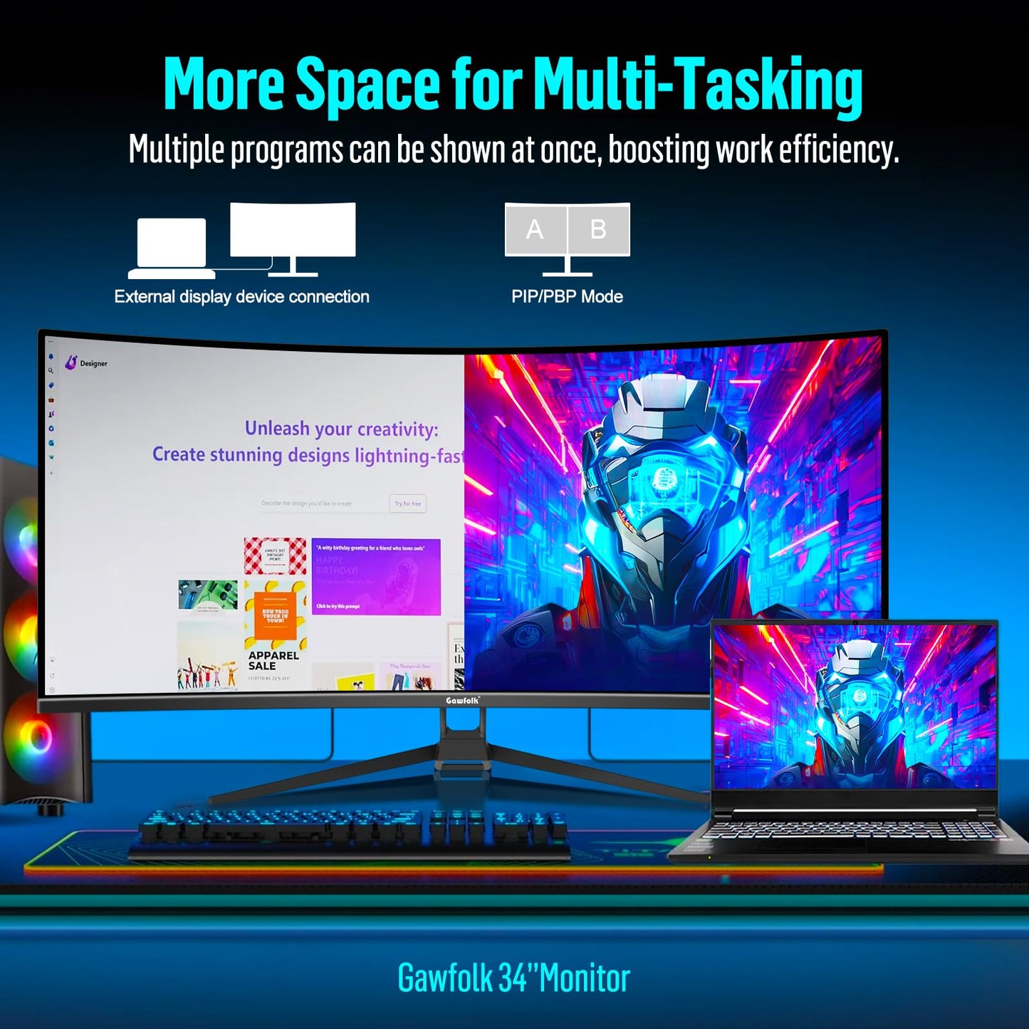Gawfolk 34 Inch Ultrawide Curved Gaming Monitor, 1500R PC Screen 165hz UWQHD 4K, Curved Computer Screen with FreeSync, Support Wallmount 75x75mm-Black