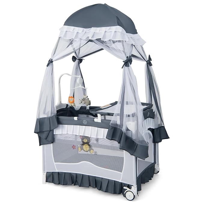 HONEY JOY 4-in-1 Pack and Play with Canopy, Portable Baby Playard w/Changing Table and Infant Bassinet Cute Toys & Music, Foldable Bassinet for Newborn and Toddler(Gray)