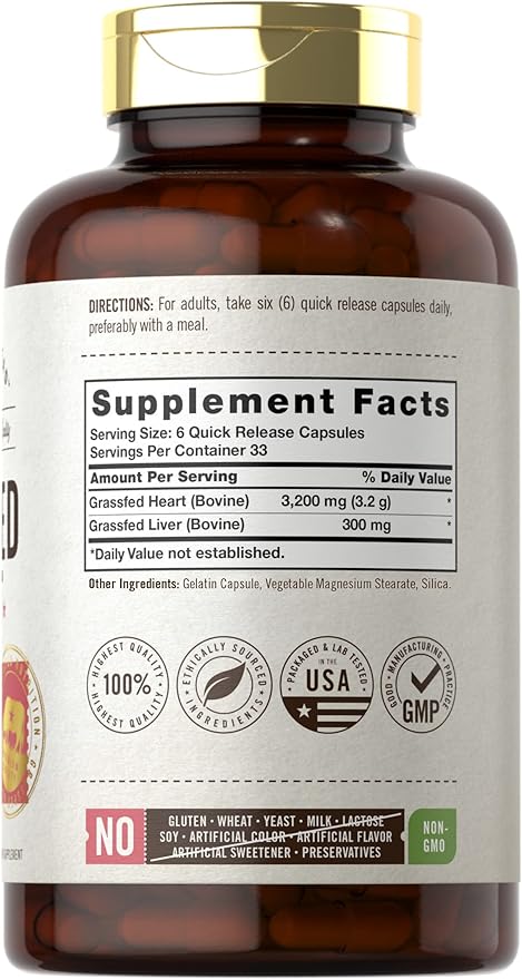 Carlyle Grass Fed Beef Heart Supplement | 3200mg | 200 Count | Desiccated Pasture Raised Bovine Capsules | Non-GMO, Gluten Free | by Herbage Farmstead