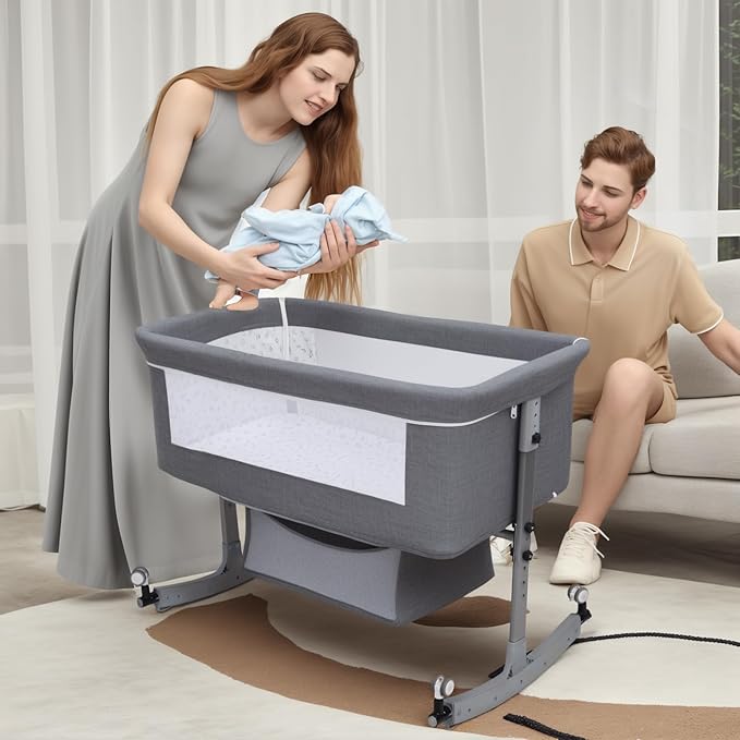 3-in-1 Baby Bassinet Bedside Sleeper for Newborns & Infants - 6-Level Height Adjustable, Portable Convertible Bassinet/Cradle with Mosquito Net, Storage Basket & Wheels,Easy Assemble (Grey)