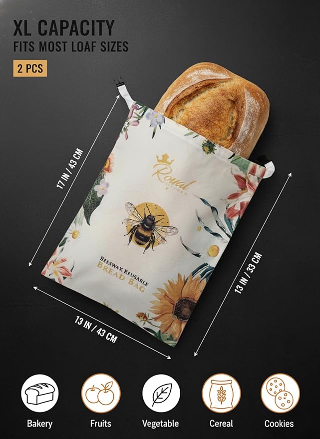 Reusable Beeswax Breads Bag | 2 Pack Organic Sourdough bread bags for homemade bread | Fridge and Freezer friendly Beeswax Lined cotton bag to keep your bread fresh and preserved | 2 XL bread Bags