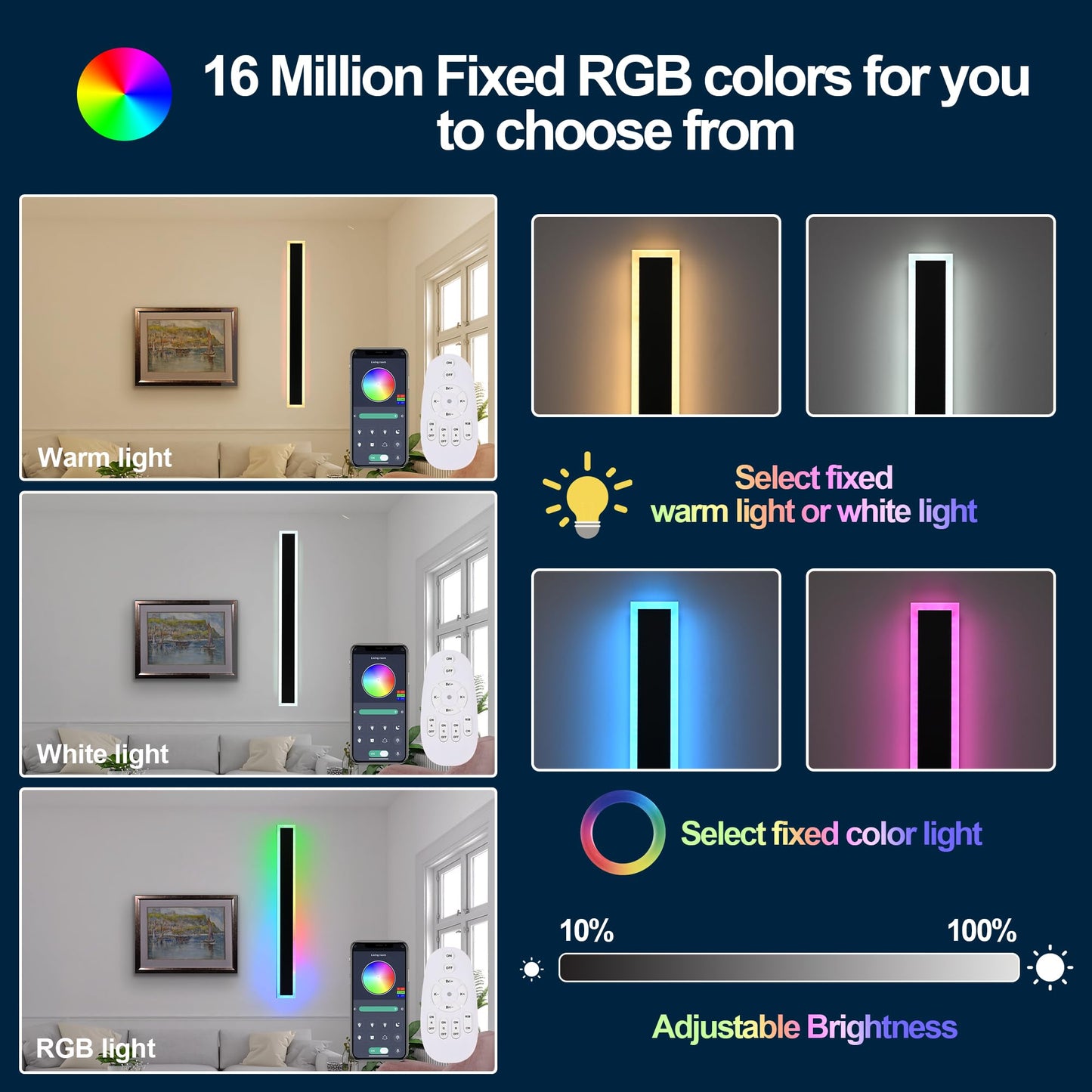 MELUCEE RGB LED Wall Lights, 24in Dimmable Metal Sconce, IP65 Waterproof, 2 Packs with Remote Control