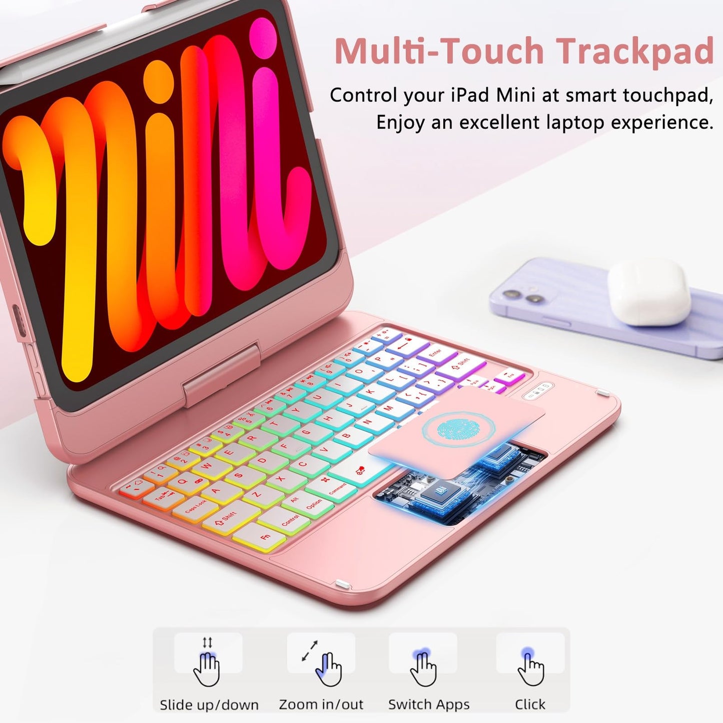 Fuwang Touchpad Keyboard Case For Ipad Mini 7 A17 Pro 2024 & Mini 6Th Generation 2021 8.3 Inch - 360 Rotate 7 Color Backlit Keyb