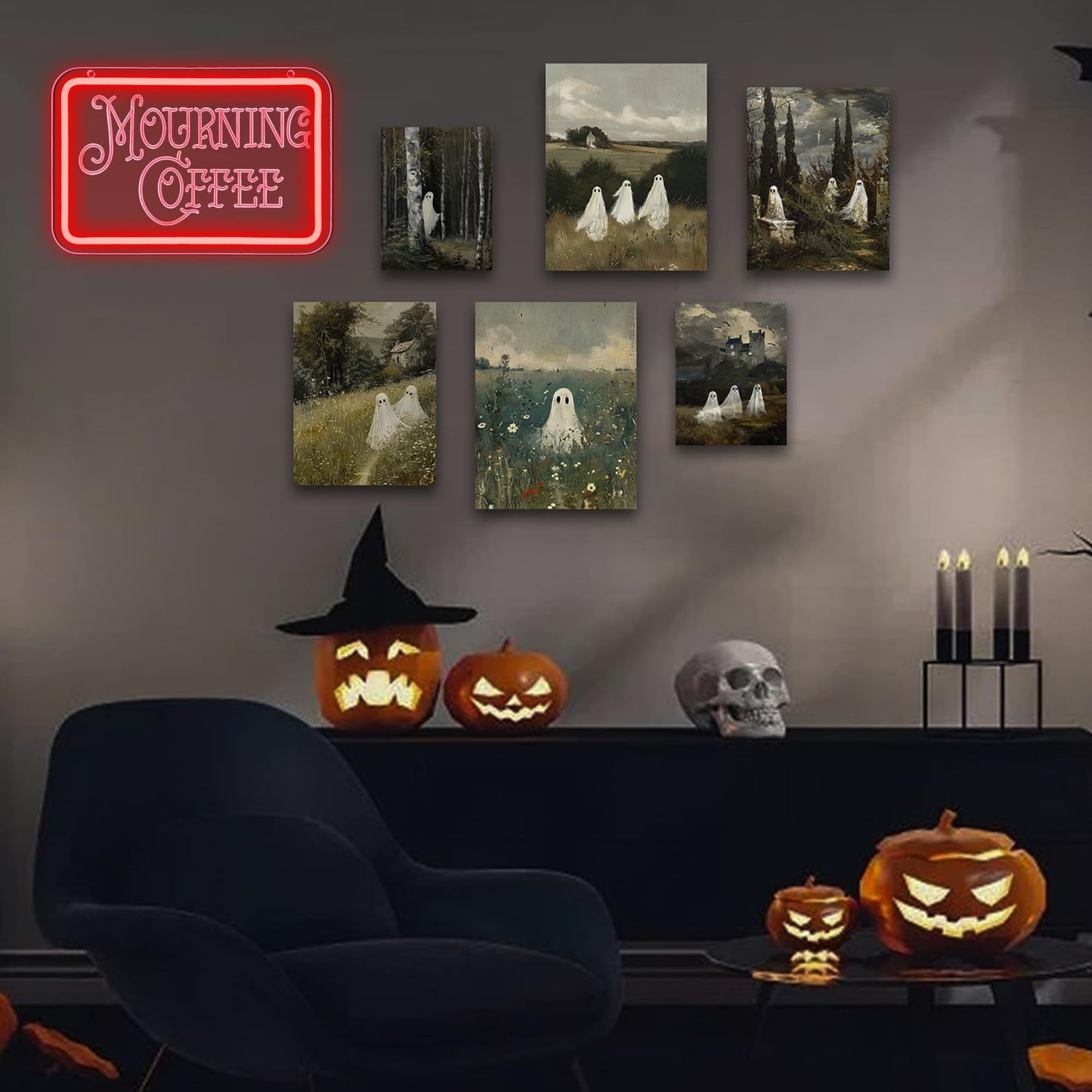 Symone Mourning Coffee Neon Sign, USB Powered Dimmable LED Light, 11.8x7.8 In, Red+White, Halloween Decor for Cafe & Home