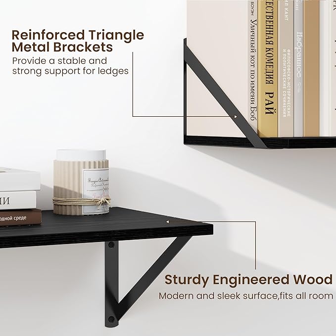 Fun Memories Deep Floating Shelves for Wall, 48W x 8D Wall Mounted Shelves Set of 2, Wide Display Ledge Shelf with Sturdy Metal Brackets for Living Room, Bathroom, Bedroom and Kitchen, Black