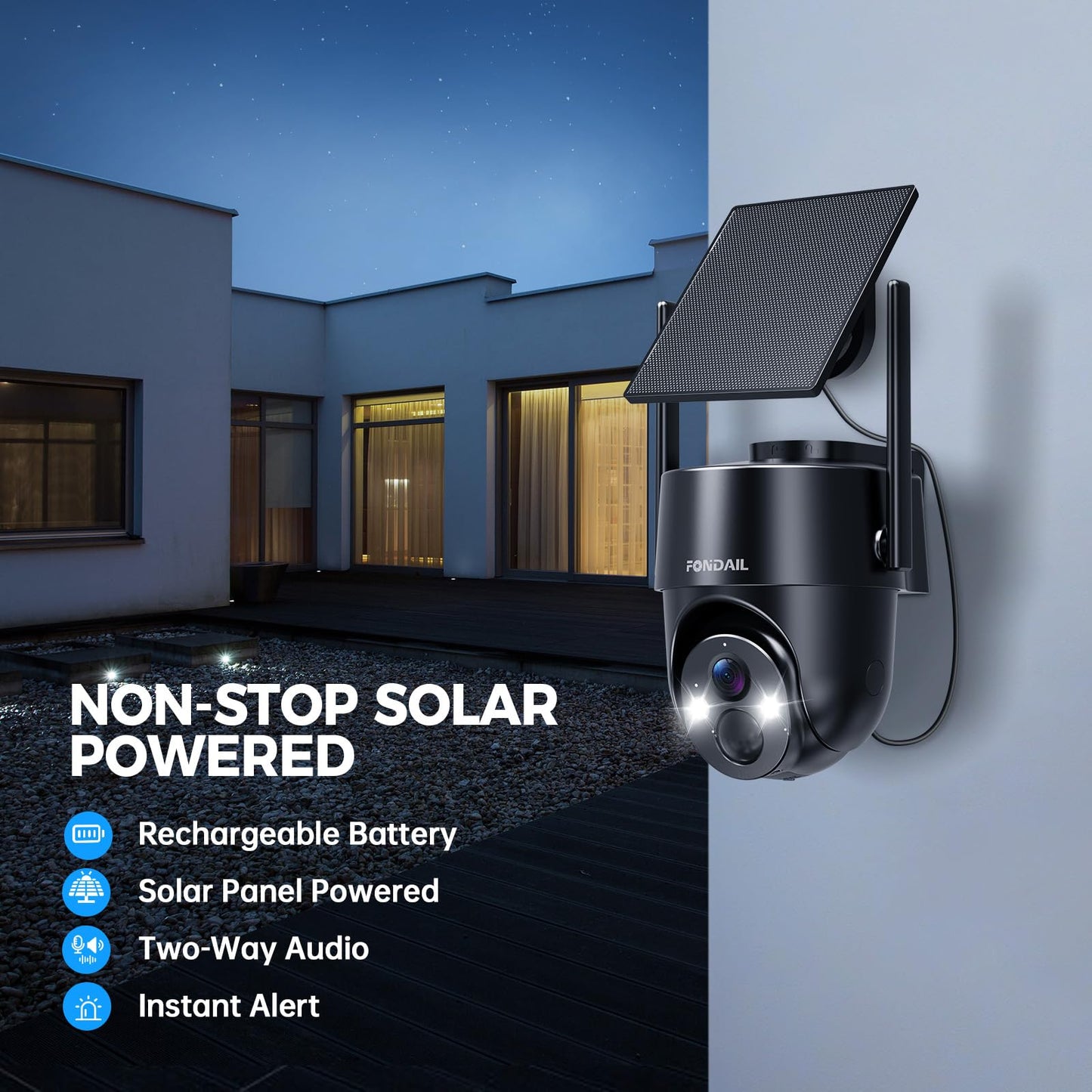 FONDAIL Solar Security Cameras Wireless Outdoor, 2K 360° View Solar Powered WiFi 3MP Security Camera for Home Security with Color Night Vision, PIR Detection, 2-Way Audio, Motion Alert, Easier to use