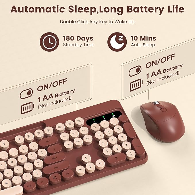 Wireless Keyboard and Mouse Combo, Retro Round Keycaps, Full-Size Stylish Typewriter Keyboard with Phone/Tablet Holder, Ergonomic Mouse with 3-Level DPI, 2.4GHz Connection for Windows/PC (Burgundy)
