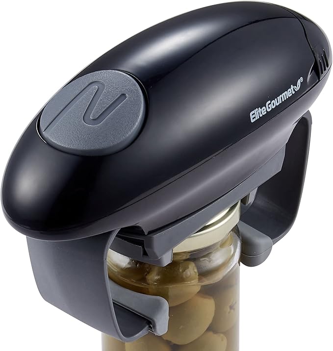 Elite Gourmet EJO800 High Power Torque Automatic Battery Operated Electric Jar Opener, One-Touch Electric Operation, Easily Remove Most-Size Lids with Auto-Size Guides, Black/Gray