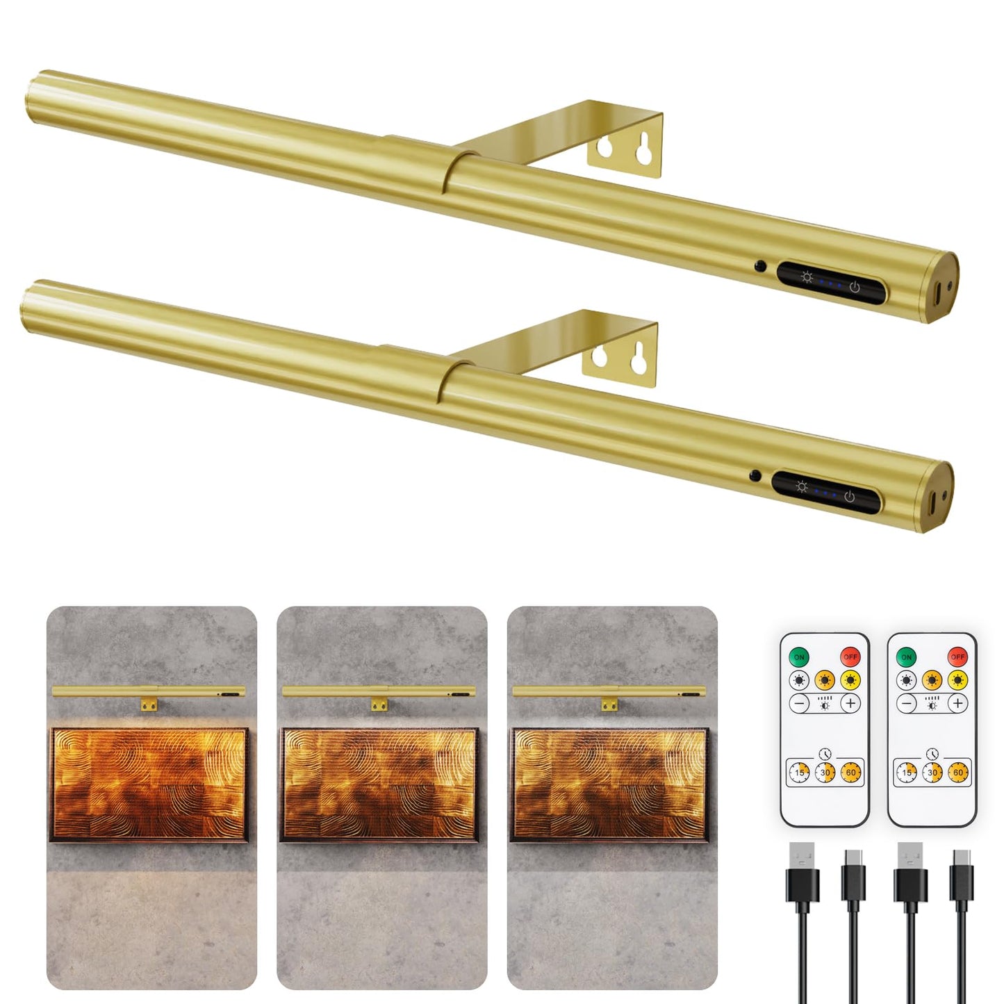 EAYOYAE Wireless Picture Light with Remote Control, Rechargeable, 19.7inch, Gold-2set, Model PC-100, Metal Material