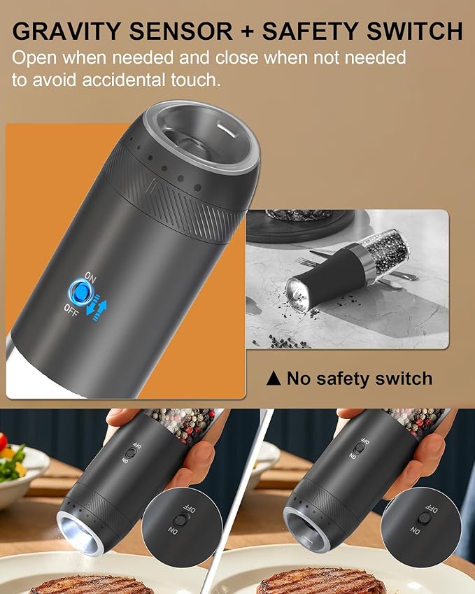 Gravity Salt and Pepper Grinder Set with Charging Base, Automatic Salt Grinder Electric with LED Light & 6 Adjustable Coarseness, One-Handed Operation and 176ml Capacity, Black