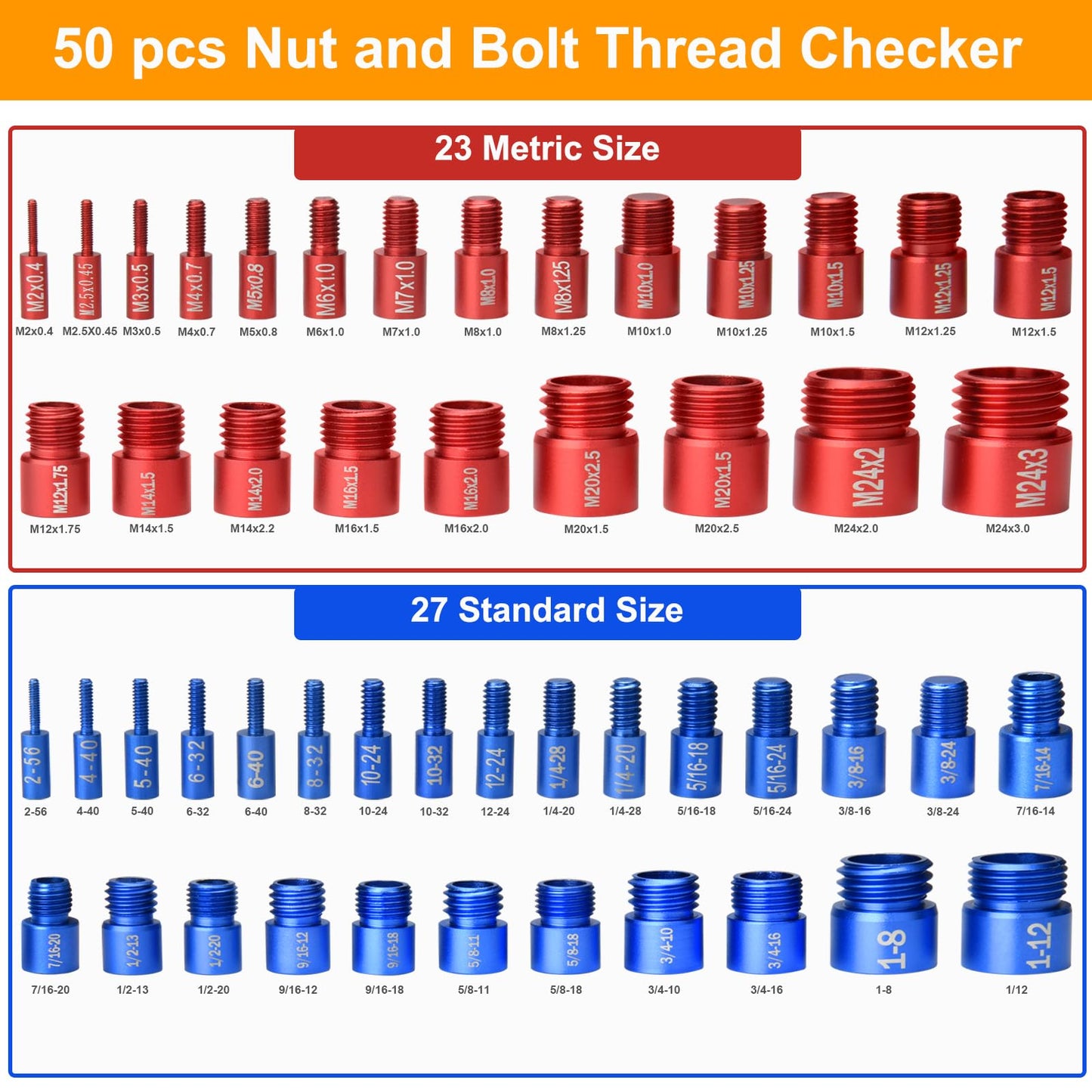 Comfylichi 50 Pcs Nut and Bolt Thread Checker - 27 Standard & 23 Metric, Detachable Bolt Size Finder Tool, Screw and Nut Identifier Thread Gauge Especially for Tight Spaces