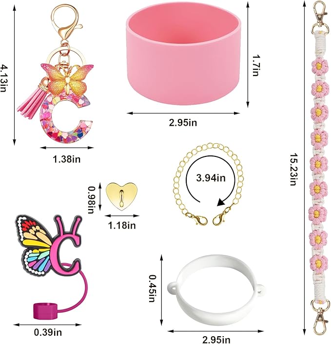 Stanley Cup Accessories Include Silicone Stanley Straw Cover, Butterfly Letter KeyChain Charms, Water Bottle Handle Strap, Boot and Chain for Stanley Cup 30oz 40oz Tumbler
