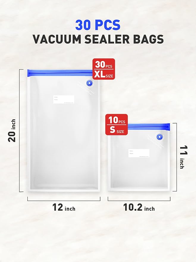 30 Pcs Reusable Vacuum Sealer Bags for Food, 2 Size BPA-Free Vacuum Storage Bags with Sealing Clips & Leak-Proof Design for Sous Vide Cooking, Freezer, Microwave Heating