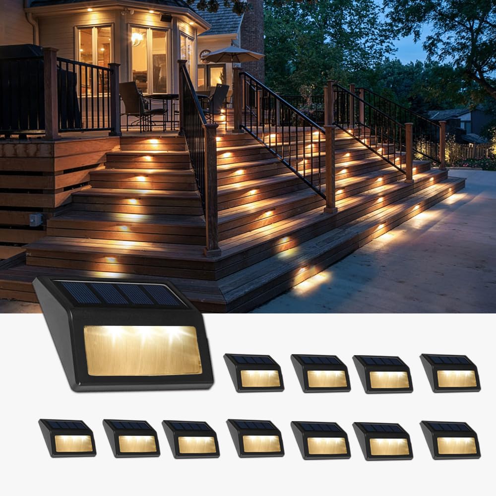 Follateas Solar Lights Outdoor  Waterproof Solar Powered Deck Step Lights For Patio Garden Backyard Garage Driveway Pathway Outside Wall Lighting (Warm White/12 Pack)
