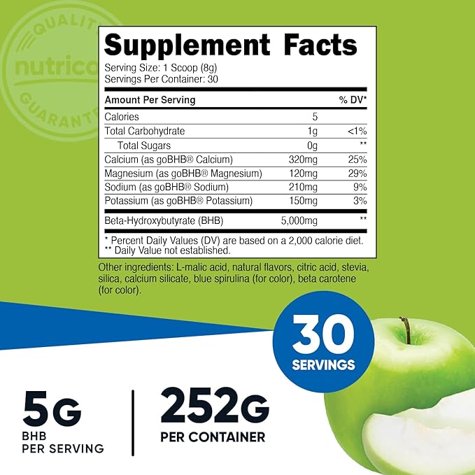 Nutricost BHB Salts Drink Mix (30 Servings, Green Apple Flavored) (5G BHB Per Serving) - 0G Total Sugars, Vegetarian Product