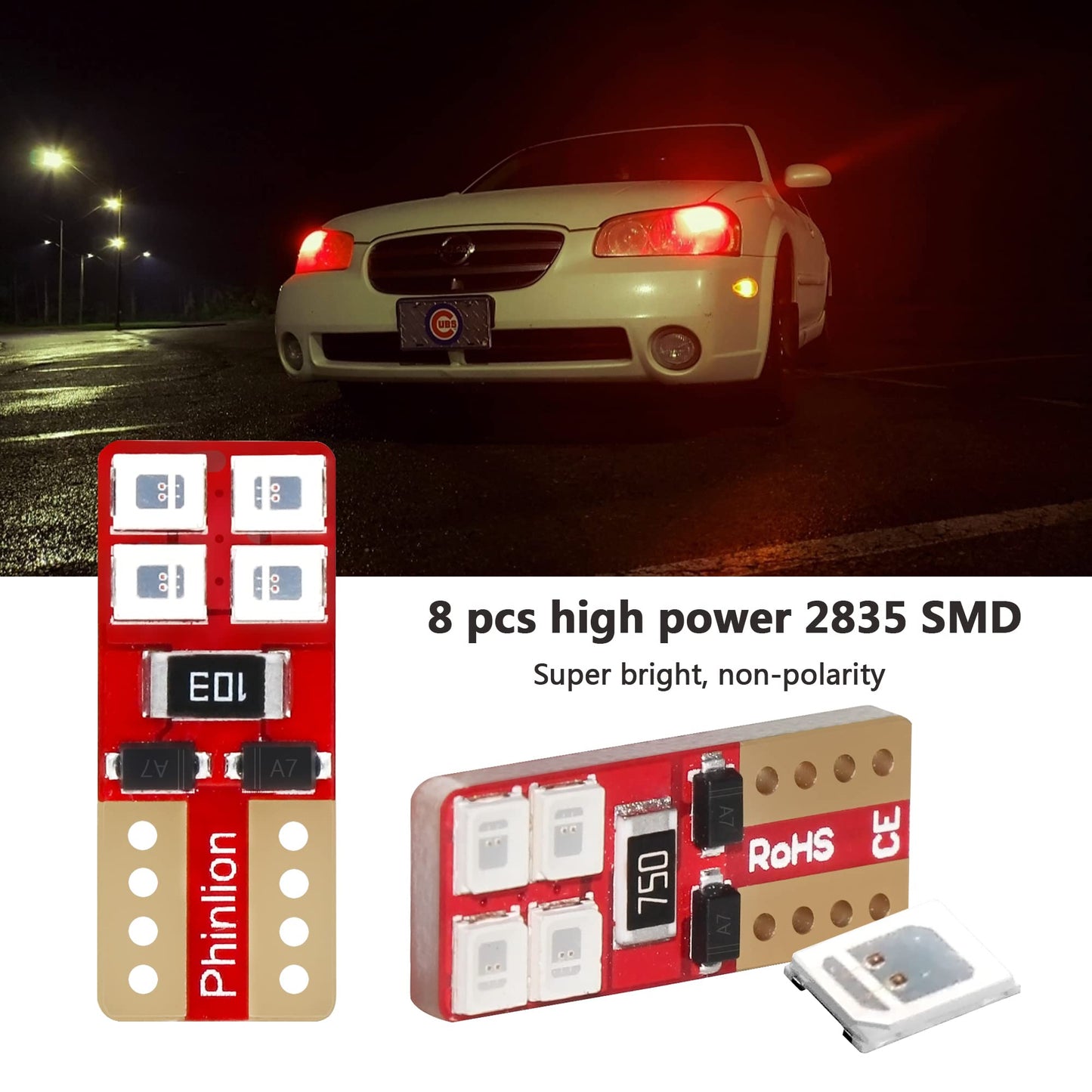 PHINLION 12V T10 Red LED Light Bulbs, 8-SMD Wedge Replacement for Car Interior, Pack of 10, Model T10-2835-8SMD