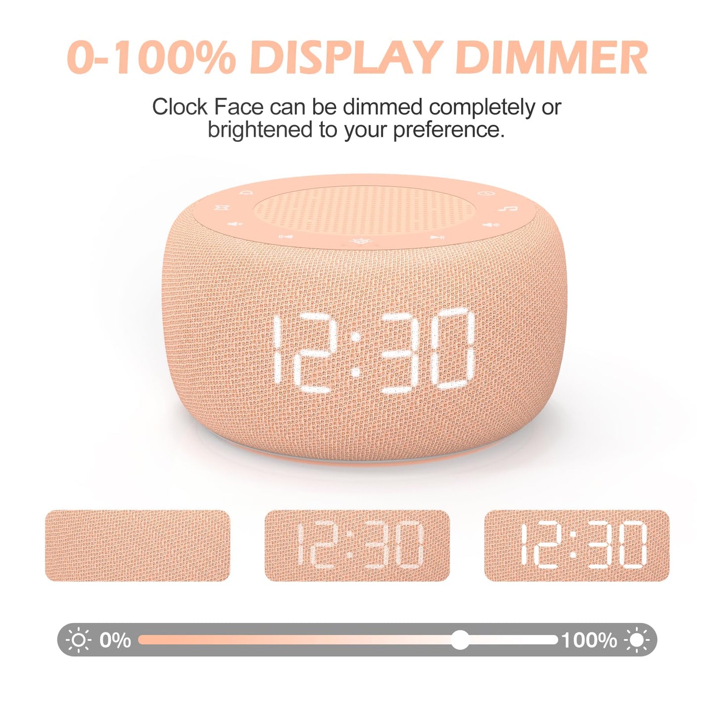 Buffbee Sound Machine & Alarm Clock 2-in-1, 0-100% Clock Face Brightness, Bottom Colored Light, Sleep Timer, Precise 30-Level Volume White Noise Machine, Digital Alarm Clocks for Bedrooms - Peach