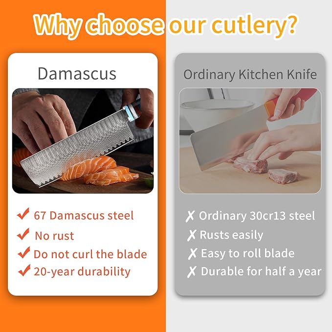 Kuwata Nakiri Chef Knife, Japanese VG10 Damascus Steel Professional Kitchen Chefs Cooking Knife, Nakiri Knife G10 Ergonomic Blue Handle with Gift Box