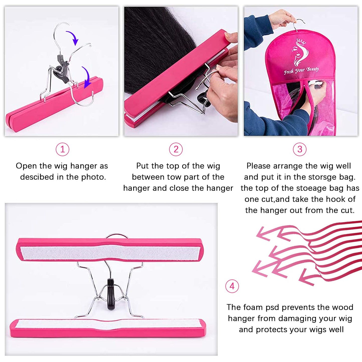 AIHOPESTO 3PCS Extra Long Wig Storage Bag with Wooden Hanger Hair Extension Storage Bag with Hanger Portable Dust-proof Portable
