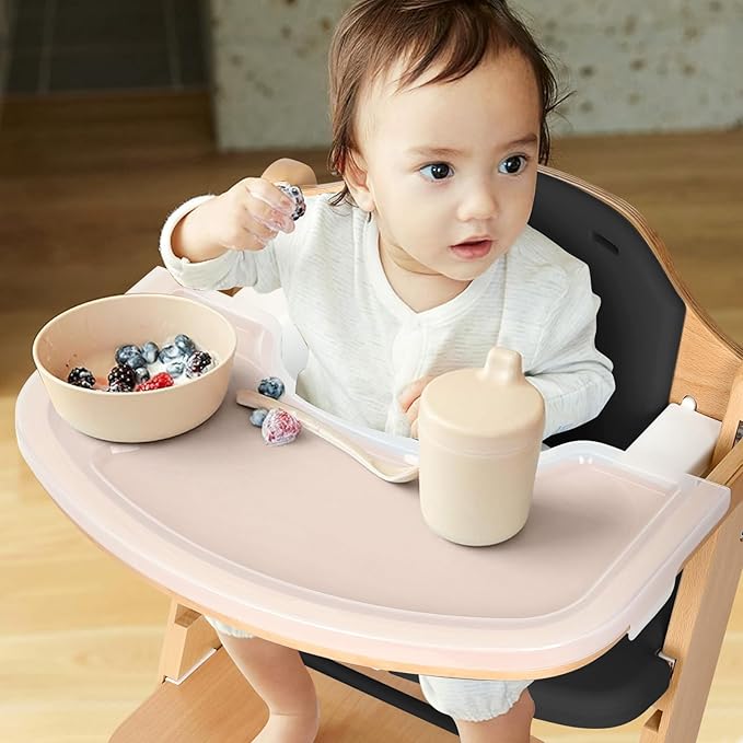 Cowiewie Natural Wooden High Chair for Babies & Toddlers 3-Tier Remove & 2 Adjustable Tray, 8 Adjustable Highchair with Cushions, Easy to Clean (Black)