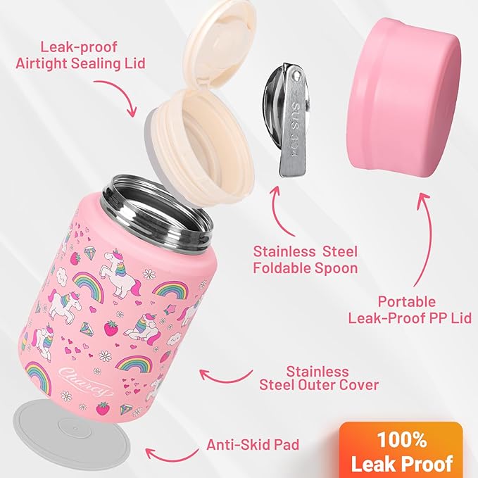 Charcy 17oz Thermo for Hot Food, Soup Thermo Food Container for Lunch Box with Folding Spoon ZB - Pink Unicorn S