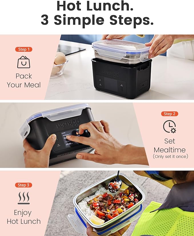 LUNCHGO® G1 Smart Electric Heated Lunch Box – Cordless, 5 Cups Capacity, 74 Wh Battery Powered, 250°F Max, Scheduled Heating, Perfect for Outdoor Work, On-The-Go Meals, 1-Year Warranty (Carbon Black)