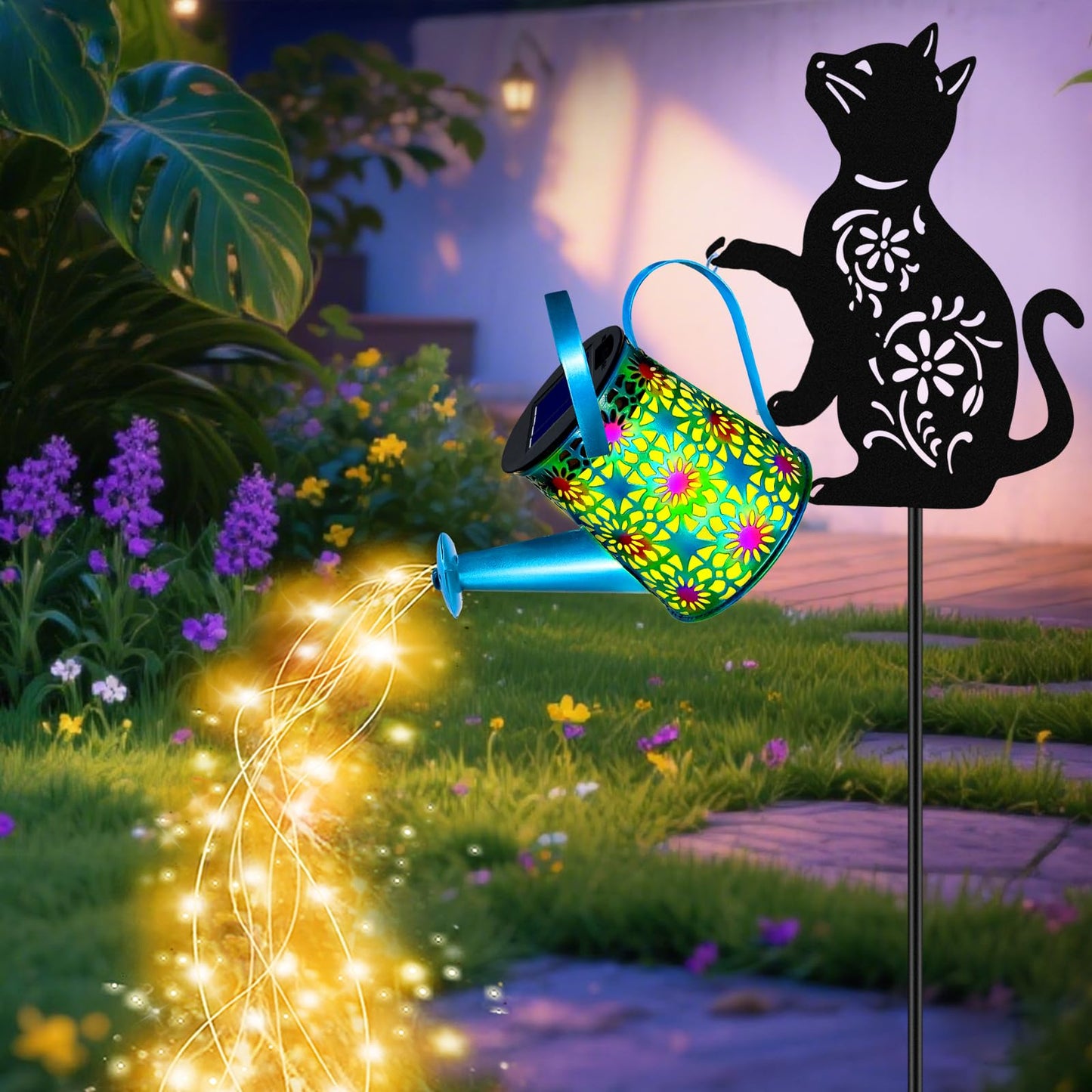Black Cat Solar Watering Can Lights  Birthday Gifts For Women Mom Christmas MotherS Day  Yard Decorations Outdoor Waterproof  Blue Metal Hanging Lantern  Solar Lights Garden Decor Patio Pathway