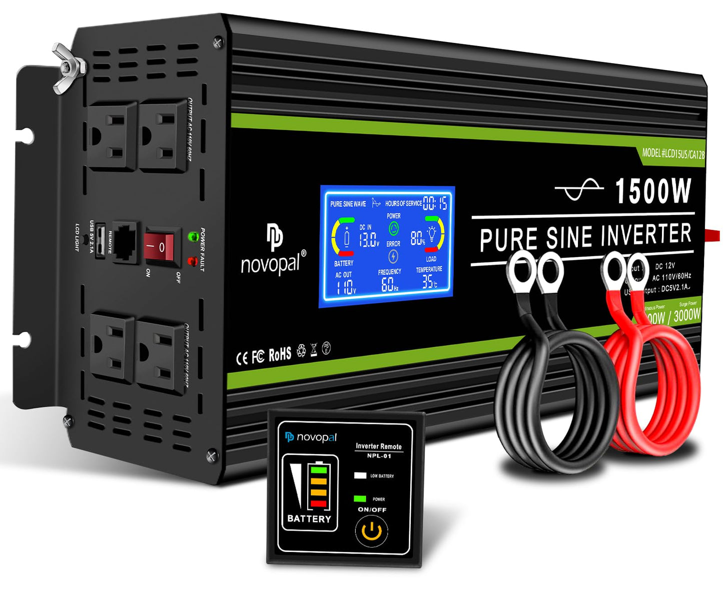 Novopal 1500 watt Pure Sine Wave Power Inverter DC 12V to 110V/120V Converter 4 AC Outlets Car Inverters with USB Port 16.4 Feet Remote Control and LCD Display -Like New