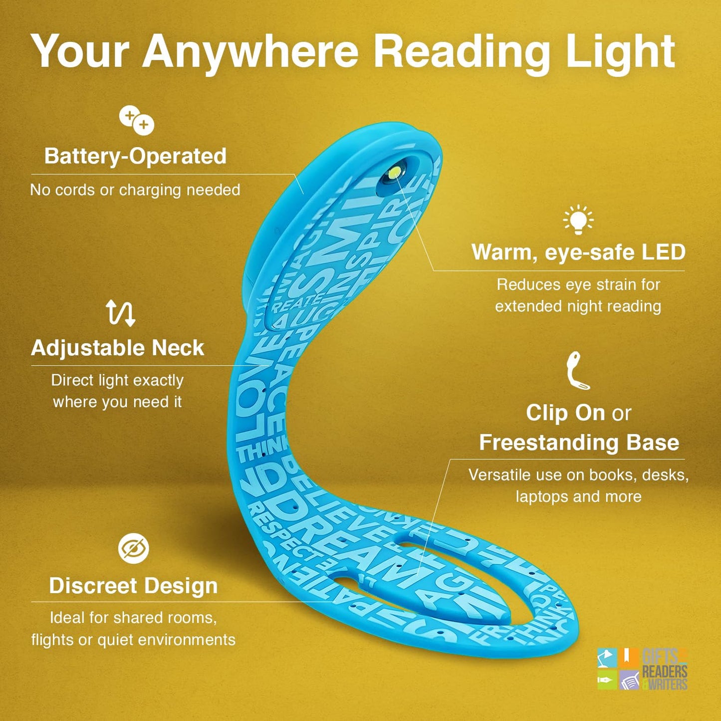 Gifts for Readers & Writers Flexilight Reading Light | LED Clip-On Bookmark Lamp | Battery Operated | Blue Words
