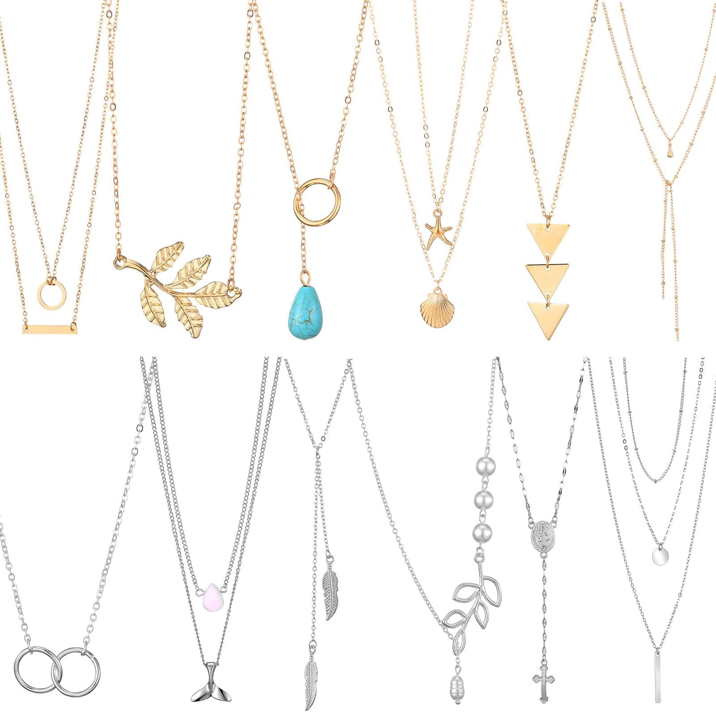 Hicarer 12 Pieces Long Pendant Necklace Set Y Tassel Leaf Circle Bar Necklace for Women (Chic Style)