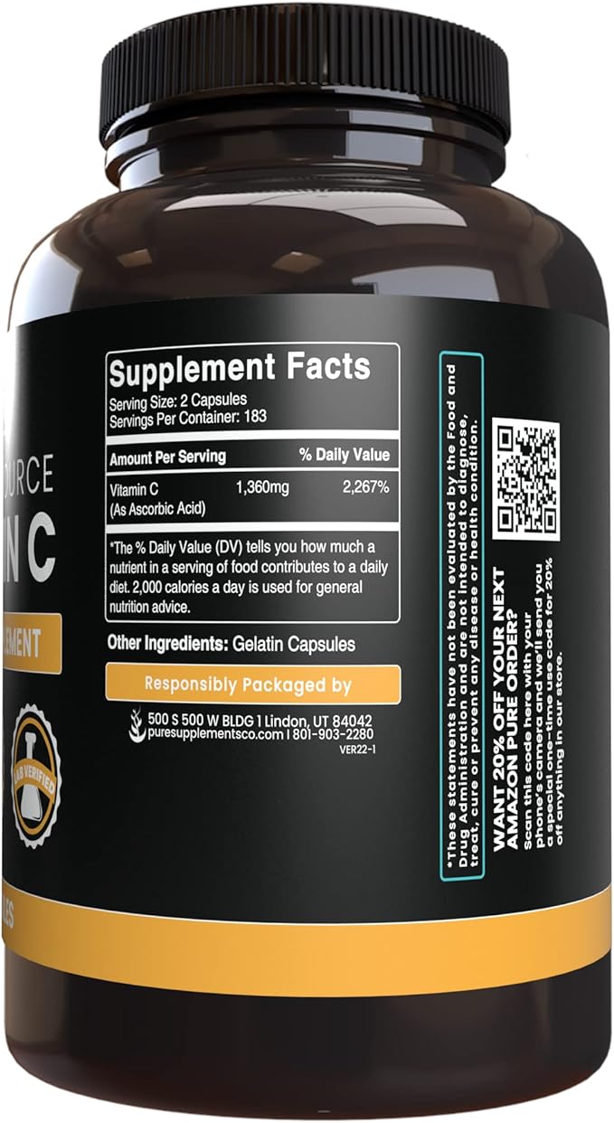 Pure Original Ingredients Triple Fiber and Vitamin C Bundle, 365 Capsules Each, Always Pure, Lab Verified