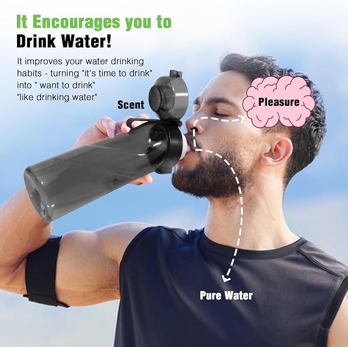 Air Scent Water Bottle Flavor Pods 650ml BPA Free Water Cup with 7 Flavour Pods Sports Water Bottle Suitable for Outdoor(Black)