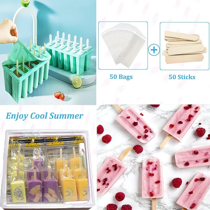 Silicone Popsicle Molds with Sticks Wpunwen 12 cavity Ice Popsicle MoldsIce Cream Mold with Clean Brush 12 Reusable Sticks 50 Sticks 50 Bags Green