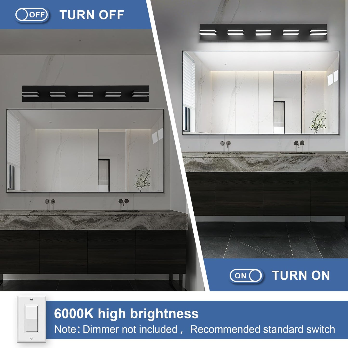 JZEKVN Modern LED Bathroom Lights Fixtures(5-Light),Metal Black Acrylic Wall Lighting,Vanity Lights for Bathroom Over Mirror(6000k 34in)
