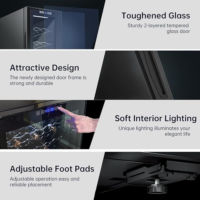 KingChii 24 Bottle Wine Cooler Refrigerator Freestanding Wine Fridge - Intelligent Digital Control, Low Noise Professional Compressor, Stainless Steel & Tempered Glass for Home, Office, or Kitchen