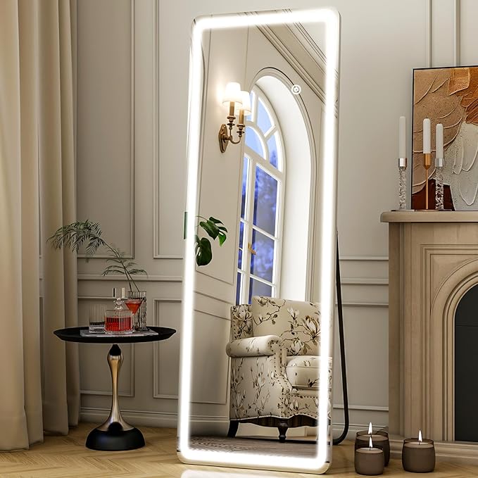 Full Length Mirror - 16" x 60" Mirror Full Length with LED Lights Adjustable Screen Brightness, Wall Mounted or Freestanding, Full Body Mirrors for Bedroom, Living Room, Cloakroom,Salon